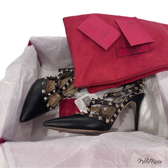 VALENTINO GARAVANI Black Leather Strappy Rockstud Ankle Strap Heels SZ 37 - Picture 15 of 17